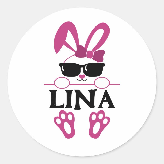 Pegatina Redonda Nombre personalizado Bunny rosa lindo con gafas de (Anverso)