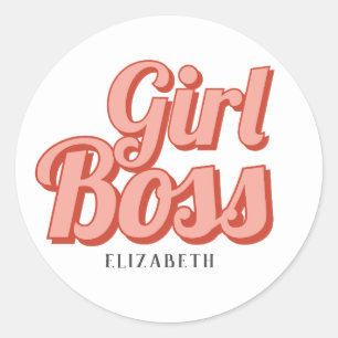 Pegatina Redonda Nombre personalizado chica Boss Retro