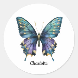 Pegatina Redonda Nombre Personalizado con Mariposa Azul Clásico Rou