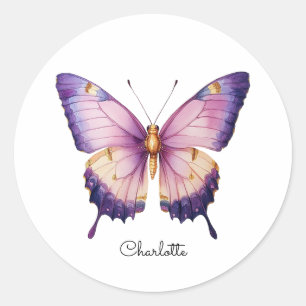 Pegatina Redonda Nombre personalizado con mariposa rosa