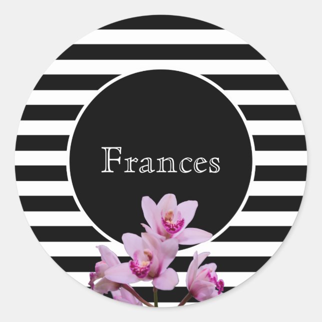 Pegatina Redonda Nombre personalizado con rayas blancas y negras y  (Anverso)
