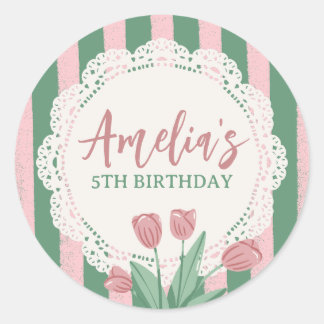 Pegatina Redonda Nombre Personalizado Coquette Lazo Rosa Floral Vin