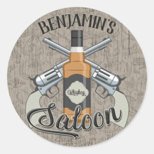 Pegatina Redonda NOMBRE personalizado Cowboy Revolver Gun Whiskey S