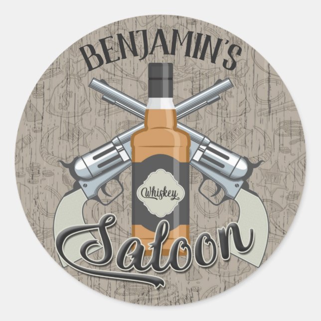 Pegatina Redonda NOMBRE personalizado Cowboy Revolver Gun Whiskey S (Anverso)
