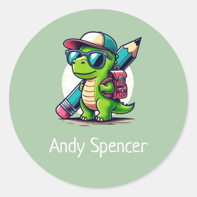 Pegatina Redonda Nombre personalizado Cute Bots Dinosaur Green (Anverso)