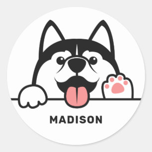 Pegatina Redonda Nombre personalizado Cute Siberian Husky