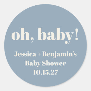 Pegatina Redonda Nombre personalizado de Baby Shower azul turbio mo