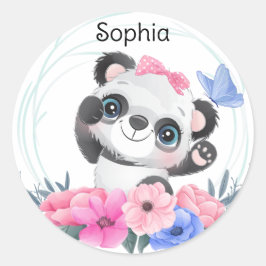 Pegatina Redonda Nombre personalizado de la flor de panda de bebé l