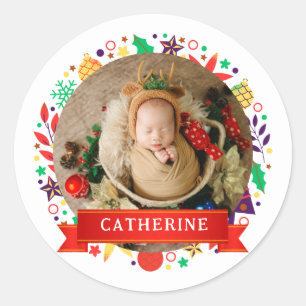 Pegatina Redonda Nombre personalizado de Navidad simple elegante de