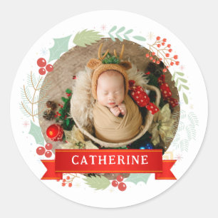 Pegatina Redonda Nombre personalizado de Navidad simple elegante de