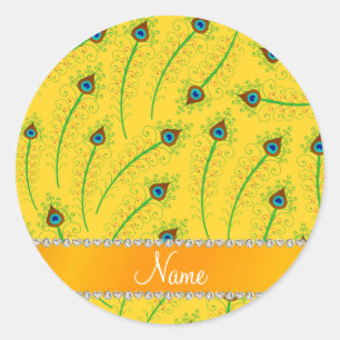 Pegatina Redonda Nombre personalizado de plumas de pavo real amaril