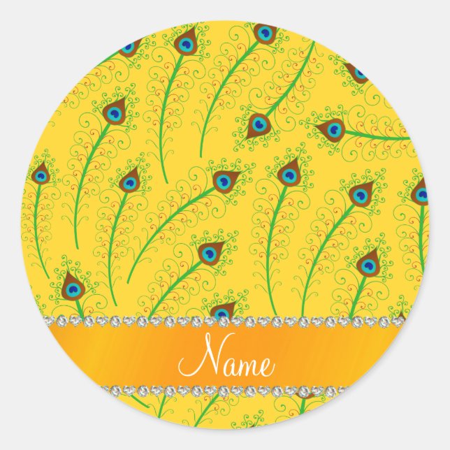 Pegatina Redonda Nombre personalizado de plumas de pavo real amaril (Anverso)