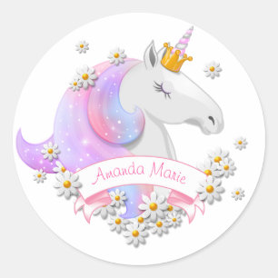 Pegatina Redonda Nombre personalizado de princesa de unicornio rosa