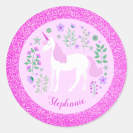 Pegatina Redonda Nombre personalizado de Purpurina rosa de Unicorn