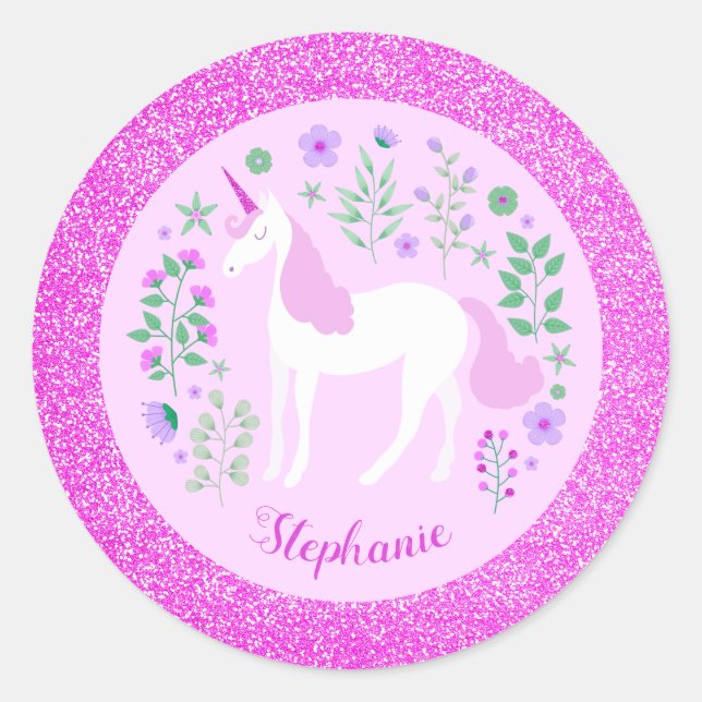 Pegatina Redonda Nombre personalizado de Purpurina rosa de Unicorn (Anverso)
