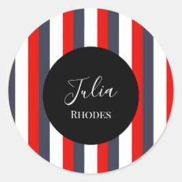 Pegatina Redonda Nombre personalizado de rayas rojas, blancas y azu
