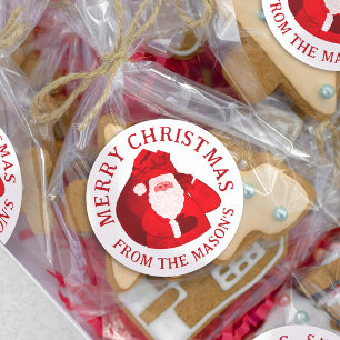 Pegatina Redonda nombre personalizado de santa roja blanca navidad