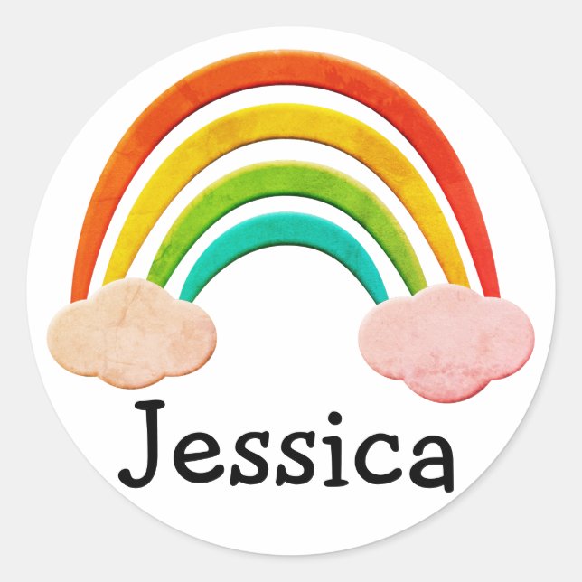 Pegatina Redonda Nombre Personalizado Del Arcoiris Y Las Nubes De P (Anverso)