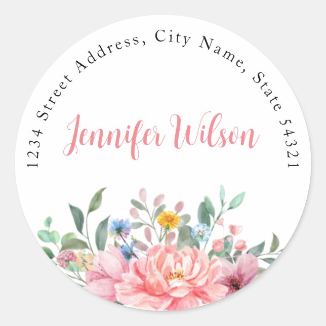 Pegatina Redonda Nombre personalizado del Bouquet floral rosado de  (Anverso)