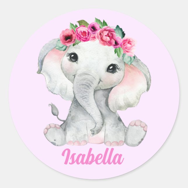 Pegatina Redonda Nombre personalizado del elefante rosa floral (Anverso)
