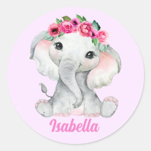 Pegatina Redonda Nombre personalizado del elefante rosa floral