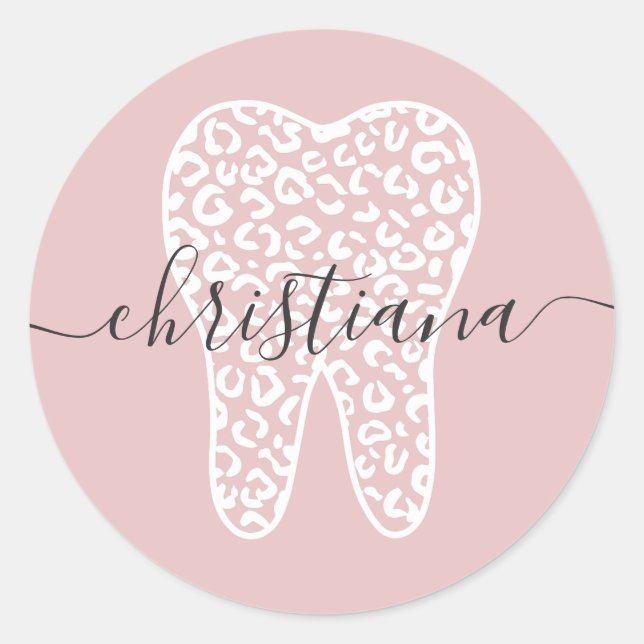Pegatina Redonda Nombre personalizado Dental Leopard Print Tooth (Anverso)