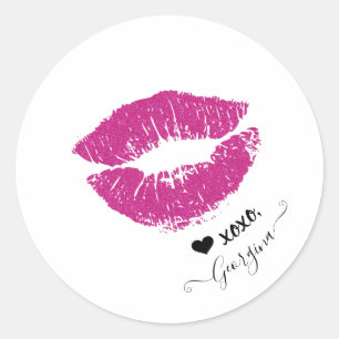 Pegatina Redonda Nombre personalizado Elegante Chica Rosa Kiss Lips