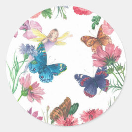 Pegatina Redonda nombre personalizado floral ilustrado en hadas de 