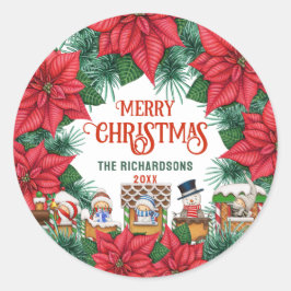 Pegatina Redonda Nombre personalizado Floral navideña Feliz