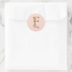 Pegatina Redonda Nombre personalizado letra F hoja de oro rosas ros