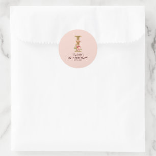 Pegatina Redonda Nombre personalizado letra I Rosas rosadas con toq