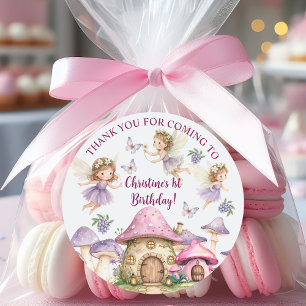 Pegatina Redonda Nombre Personalizado Magic Fairies Pink Mushrooms 