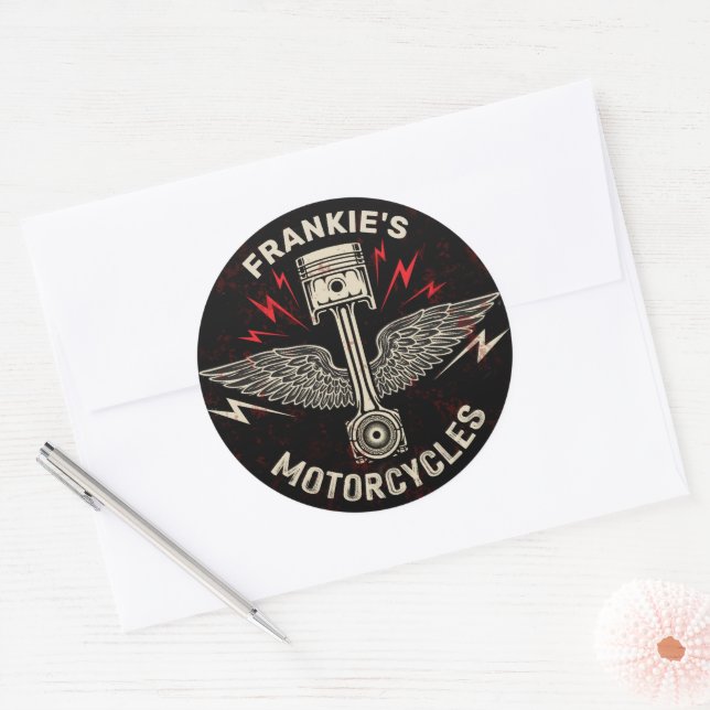 Pegatina Redonda NOMBRE Personalizado Motocicleta Piston Wings Bike (Sobre)