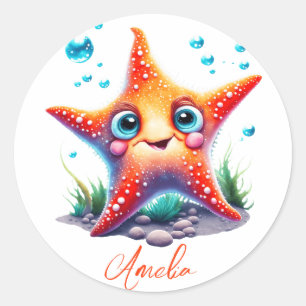 Pegatina Redonda Nombre personalizado Naranja sonriente Starfish Lo
