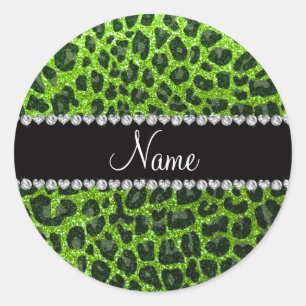 Pegatina Redonda Nombre personalizado neón verde purpurina leopardo