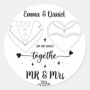 Pegatina Redonda nombre personalizado novia y novio letra pincel mo