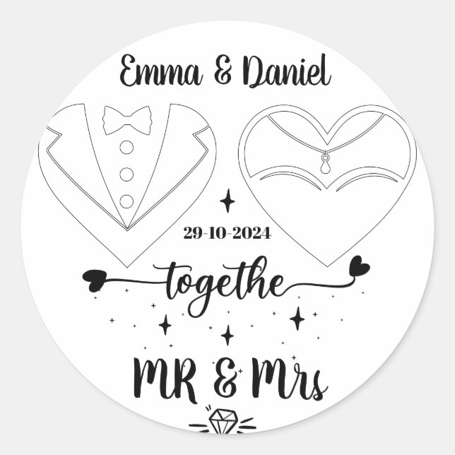 Pegatina Redonda nombre personalizado novia y novio moderno script  (Anverso)