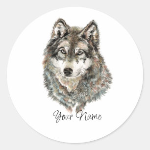 Pegatina Redonda Nombre personalizado o lobo de texto acuarela Anim