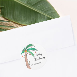 Pegatina Redonda Nombre personalizado Palm Tree Feliz Navidad