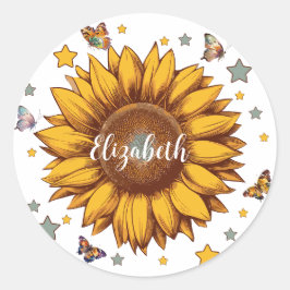 Pegatina Redonda Nombre personalizado para regalo de girasol retro