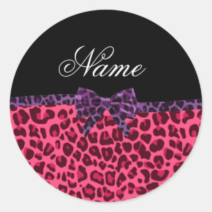 Pegatina Redonda Nombre personalizado patrón de leopardo rosa morad