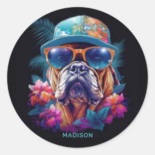 Pegatina Redonda Nombre personalizado Perro de vacaciones tropical