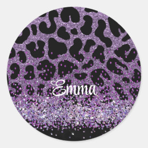 Pegatina Redonda Nombre personalizado purpurina Purple Leopard