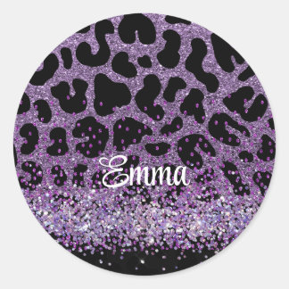Pegatina Redonda Nombre personalizado purpurina Purple Leopard