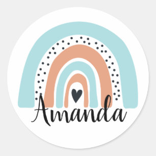 Pegatina Redonda Nombre personalizado: Rainbow Heart Blue Peach