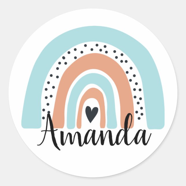 Pegatina Redonda Nombre personalizado: Rainbow Heart Blue Peach (Anverso)
