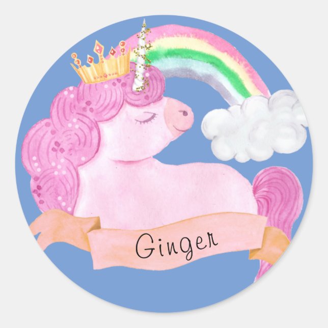 Pegatina Redonda Nombre personalizado 🌈 Rainbow Unicorn (Anverso)