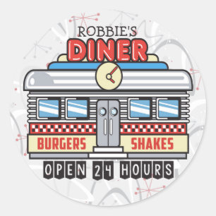 Pegatina Redonda NOMBRE personalizado Retro 50 Diner Rótulo 50 Atóm
