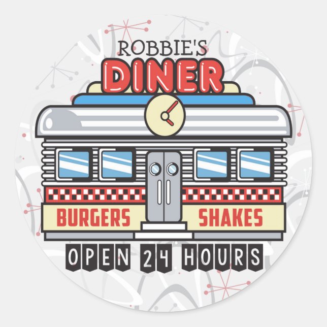 Pegatina Redonda NOMBRE personalizado Retro 50 Diner Rótulo 50 Atóm (Anverso)