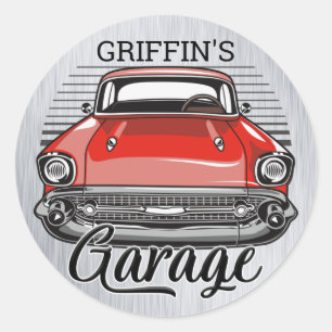 Pegatina Redonda NOMBRE personalizado Retro Red Classic Car Garage